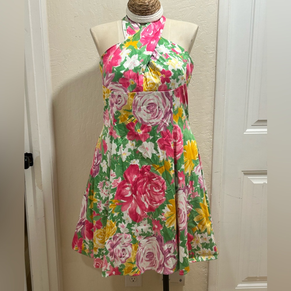 Vicky Tiel Floral Halter Dress in Green, Pink & Yellow